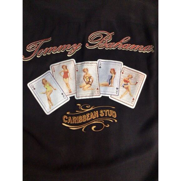 Tommy Bahama Shirt Mens Small Black Silk Caribbean Stud Poker Cards Pin Up Girls - Picture 3 of 12